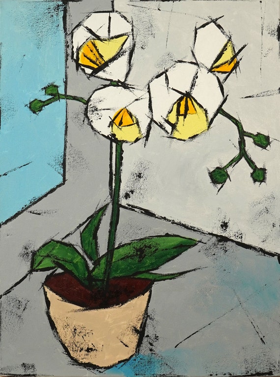 Original painting, Acrylic Oil stretched canvas panting, "White Flowers"  24H x 18W from Tanya Grabkova