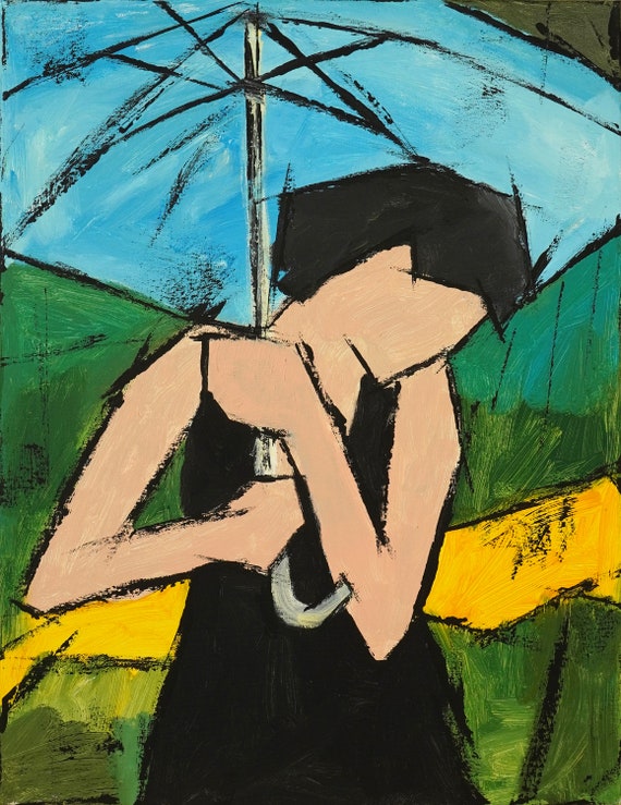 Original painting, Acrylic Oil stretched canvas panting, "Girl with Umbrella"  24H x 18W