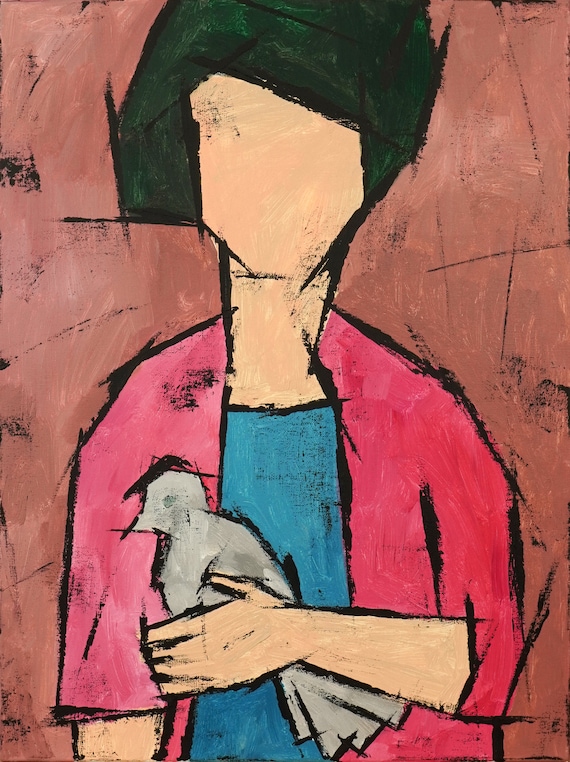 Original painting, Acrylic Oil stretched canvas panting, "Girl with Dove"  24H x 18W from Tanya Grabkova