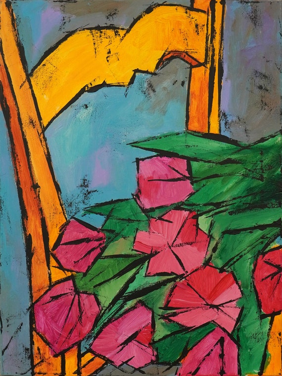 Original painting, Acrylic Oil stretched canvas panting, "Chair with Flowers"  24H x 18W from Tanya Grabkova
