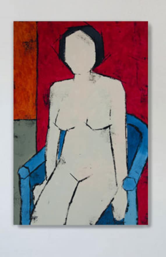 Original Girl on the Blue Armchair Abstract Acrylic Painting 24x36 by Tanya Grabkova