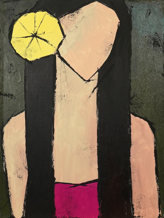 Original painting, Acrylic Oil stretched canvas panting, "Girl with Yellow Flower"  24H x 18W from Tanya Grabkova