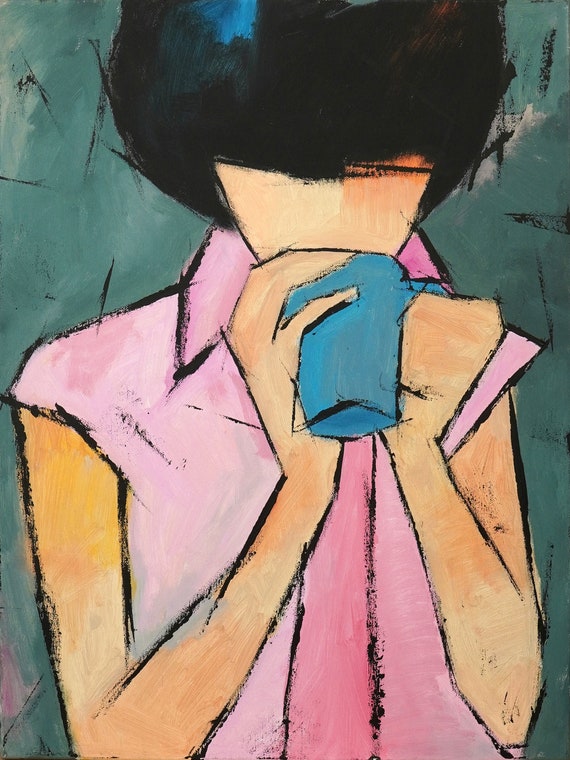 Original painting, Acrylic Oil stretched canvas panting, "Girl with Mug"  24H x 18W from Tanya Grabkova