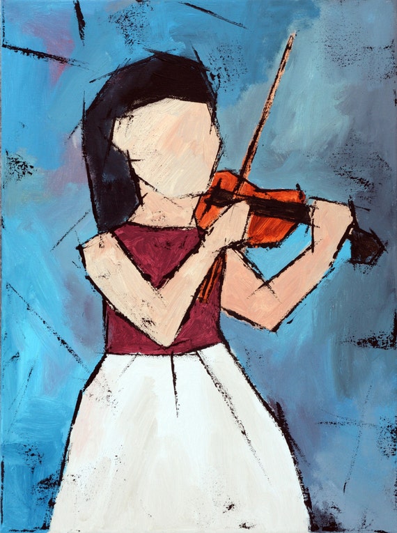 Girl portrait painting, Blue  Acrylic Expressionism style painting, "The Young Violinist"  from Tanya Grabkova