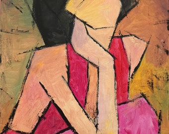 Origineel schilderij, acrylolie uitgerekt canvas hijgen, "Meisje in rode jurk" 24 x 18 x Tanya Grabkova