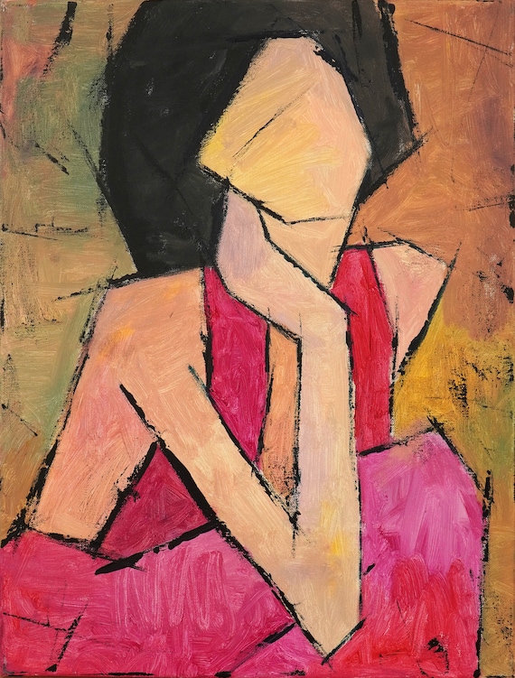 Original painting, Acrylic Oil stretched canvas panting, "Girl in Red Dress"  24H x 18W from Tanya Grabkova