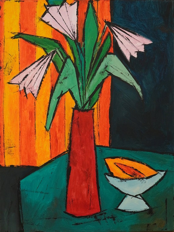 Original painting, Acrylic Oil stretched canvas panting, "Pink Flowers"  24H x 18W from Tanya Grabkova