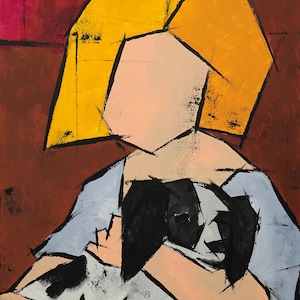 Original painting, Acrylic Oil stretched canvas panting, &quot;Girl with Puppy&quot;  36H x 24W from Tanya Grabkova