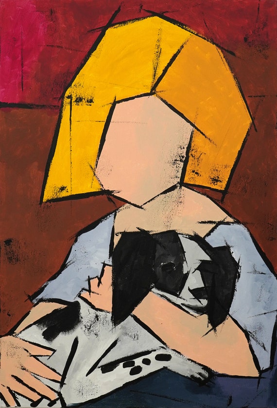 Original painting, Acrylic Oil stretched canvas panting, "Girl with Puppy"  24H x 18W from Tanya Grabkova