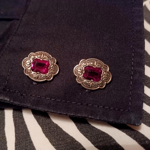 Solid sterling silver cufflinks  with Red Crystal… - image 10