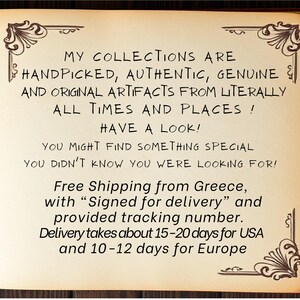 May include: A vintage book with a brown leather cover and gold-colored accents. The book is open to a page with text that reads "My collections are handpicked, authentic, genuine and original artifacts from literally all times and places! Have a look! You might find something special you didn't know you were looking for! Free Shipping from Greece, with "Signed for delivery" and provided tracking number. Delivery takes about 15-20 days for USA and 10-12 days for Europe."
