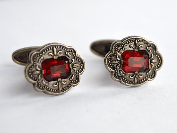 Solid sterling silver cufflinks  with Red Crystal… - image 1