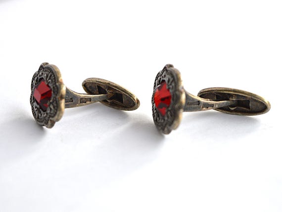 Solid sterling silver cufflinks  with Red Crystal… - image 8