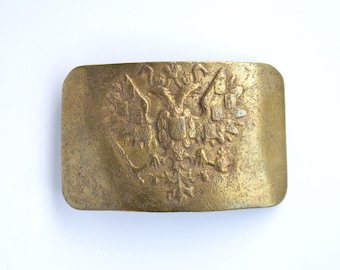 Fibbia per cintura in ottone anticata dell'uniforme dell'esercito russo imperiale, originale epoca zarista, militaria da collezione
