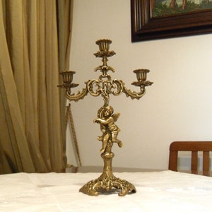 Antique Angel Candelabra 3 arm Brass Cherub Candle Holder 19th century