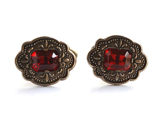 Solid sterling silver cufflinks  with Red Crystal… - image 4