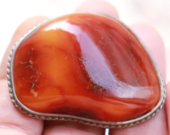 Large Antique Amber brooch Handcrafted silver jewelry, Natural Baltic collectable amber, 21.2g