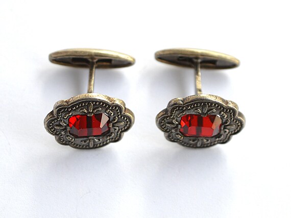 Solid sterling silver cufflinks  with Red Crystal… - image 9