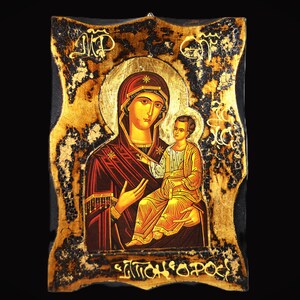 Greek Orthodox hand painted hagiography Icon Mary & Jesus Christ, Greece 1980&#39;s  artwork, Wood