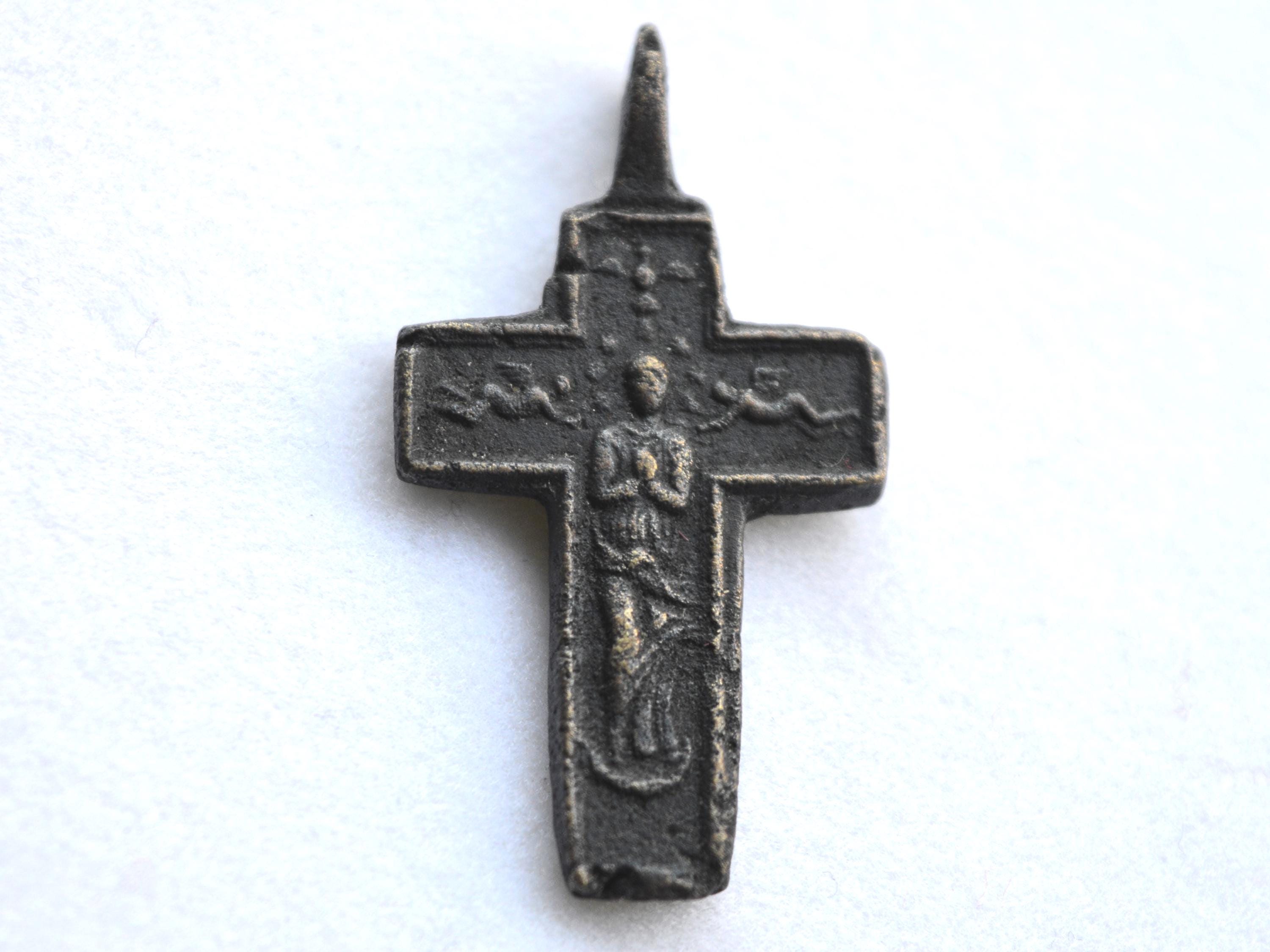 Antique Crucifix, 19th C. bronze pectoral cross, religious pendant, Rare Authentic Collectible