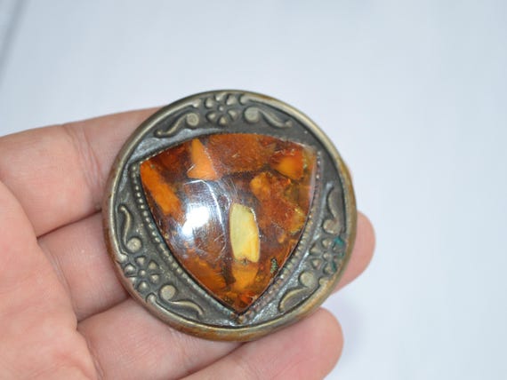 Triangle Amber Round Brooch, Retro Pin Australia