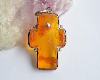 Handcrafted Natural Baltic Amber and Sterling Silver Cross Pendant