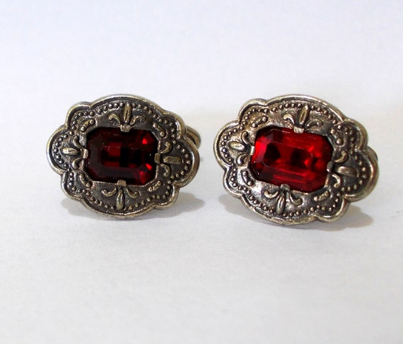 Solid sterling silver cufflinks  with Red Crystal… - image 3