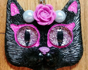 Black and Pink Kitty Cat Polymer Clay Pendant Necklace