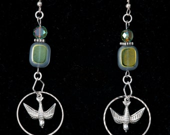 Handmade Beaded Iridescent Silver Bird Dangle Earrings