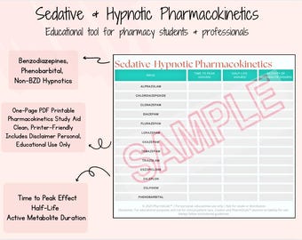 May include: A printable PDF study aid titled "Sedative & Hypnotic Pharmacokinetics." The chart lists drugs like Alprazolam and Diazepam, with columns for time to peak, half-life, and activity duration. Includes a disclaimer for educational use.