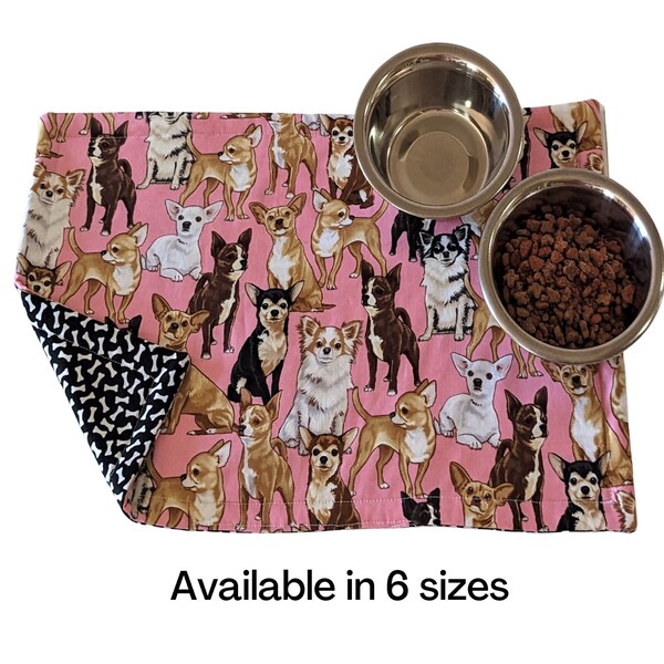Dog Chihuahua Pet Placemat Feeding Mat REVERSIBLE Pink 6 Sizes Pet Bowl Mat Washable Natural Cotton Absorbent