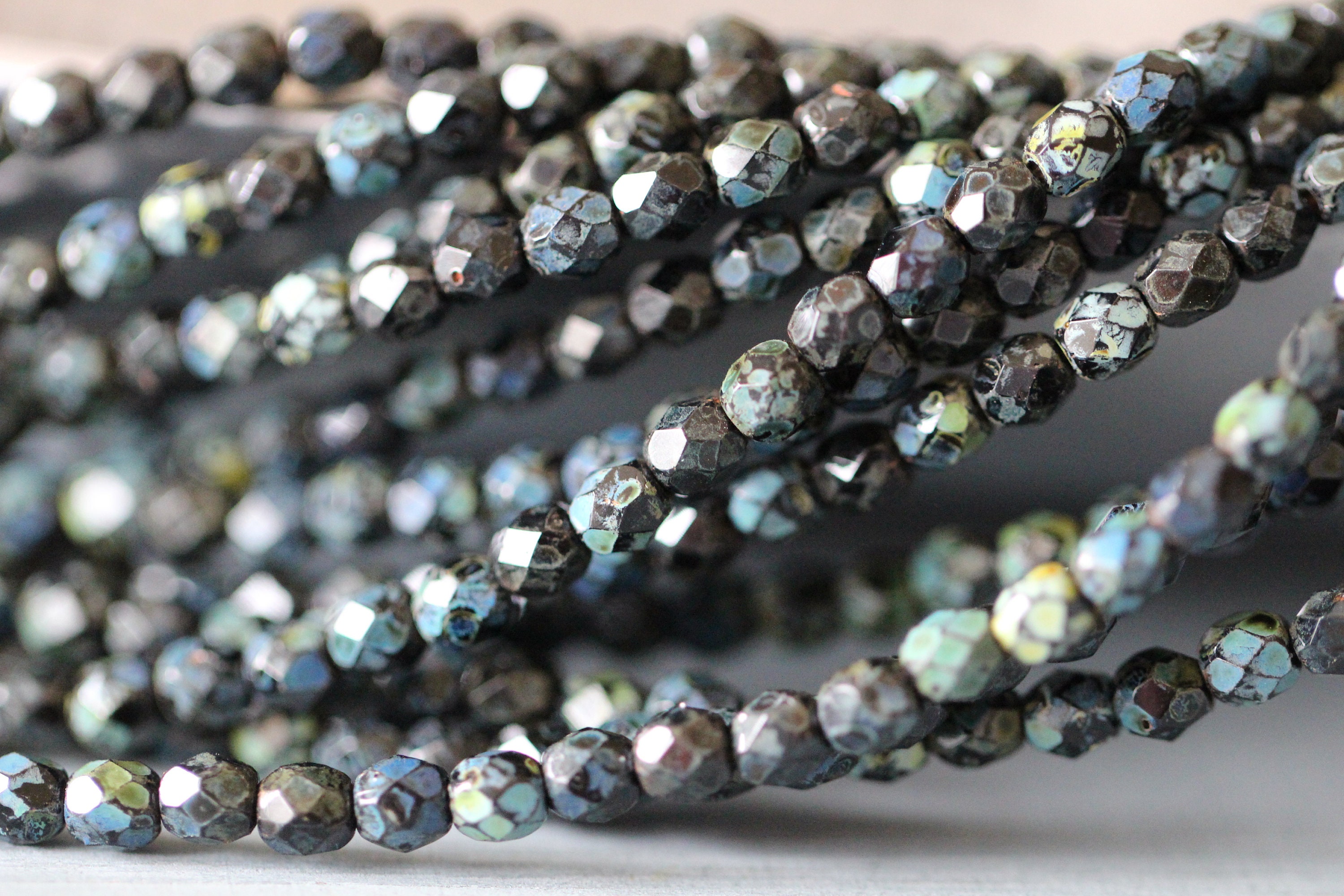 4mm Coin Fire Polished Faceted Jet Picasso Beads 50 Pieces
