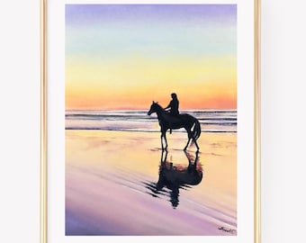 Horseback rider at Sunset print. Horse wall art. Horse at the beach wall decor. Sunset art. Beach sunset wall art. Horse Silhouette Art.