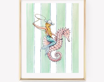 Cowgirl Mermaid Art Print. Coastal Cowboy Decor. Teen Girl Wall Art.