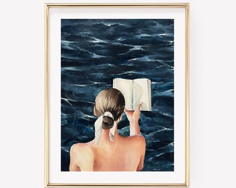 Book Lover Watercolor Print. Bibliophile Wall Art. Reading by the Ocean Art Print.