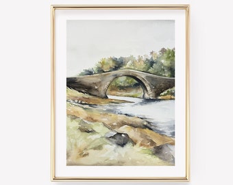 Scottish Countryside Watercolor Print. Bridge watercolor. Minimalist Country Art.