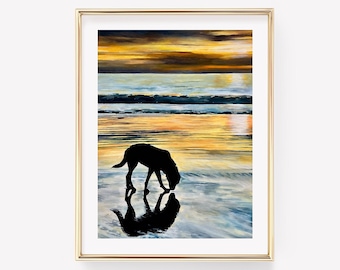 Dog at the Beach Art Print. Pet memorial Art. Beach Art. Rainbow bridge art print.