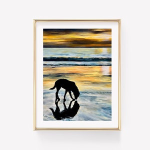 Perro en la impresión de arte de la playa. Arte conmemorativo de mascotas. Arte de playa. Impresión de arte del puente arcoíris.