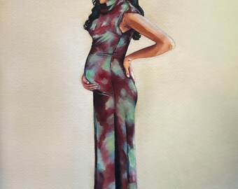 Custom Pregnancy Portrait Watercolor
