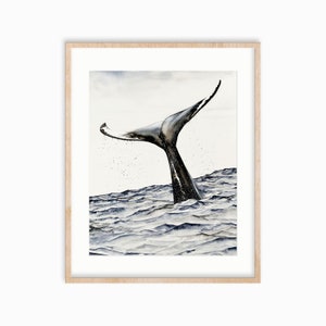 READY TO SHIP. Whale watercolor print. Whale nursery decor. Whale tail wall art.