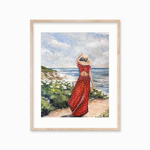 Girl at the Beach Wall Art. Coastal watercolor print, Beach watercolor. Girl in a Red Dress. Day at the Beach.