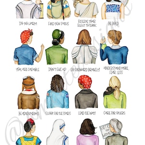 May include: A digital illustration of 12 women with different hairstyles and clothing, each with a quote about empowerment and strength. The quotes include "Do No Harm", "Find New Paths", "Reserve Your Right To Think", "Be Bold", "You Are Capable", "Don't Give Up", "Go Forward Bravely", "Understand More, Fear Less", "Be Adventurous", "Shoot For The Stars", "Lead The Way", "Care For Others", "Be Creative", "Love Greatly", "Have A Good Heart", and "Be Driven".