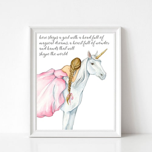 Girl and Unicorn Wall Art Watercolor Print Nursery Decor Etsy