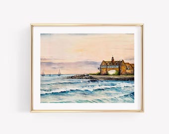 Narragansett Towers at Sunset Art Print. Narragansett Decor. Rhode Island art. Rhode Island Watercolor Print. Coastal Wall Art.
