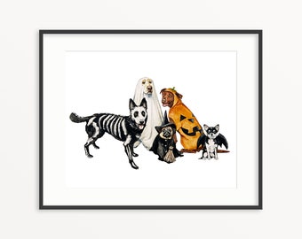 Impresión de acuarela de Halloween. Impresión de arte de perros de Halloween. Impresión de arte de Howloween. Decoración de pared de otoño