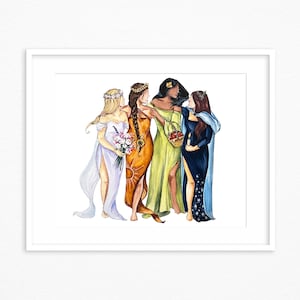 De 4 Seizoenen aquarelprint. Vier Jaargetijden. Meisje Squad kunstprint.