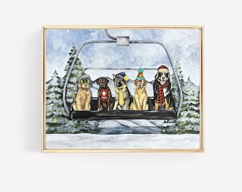 Ski Patrol-hondenkunstprint. Skihonden kunst aan de muur. kunst aan de muur skiën. Winterse wanddecoratie. Sneeuwhonden kunst aan de muur. Vakantie muurkunst.