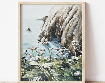 Cliffs Landscape Watercolor Print. Flowers by the Ocean Cliffs Print.
