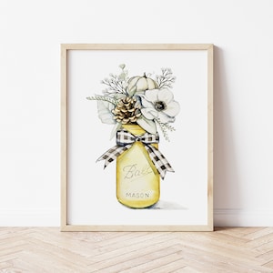 ready to ship fall watercolor print. Mason Jar bouquet. Fall bouquet decor. Fall wall art. Fall decor.
