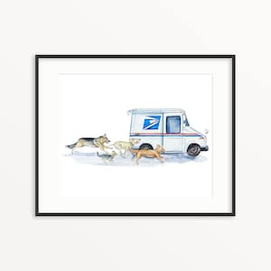 Impression aquarelle de facteur. Décoration de camion postal. Art mural du service postal. Art mural amoureux des chiens.